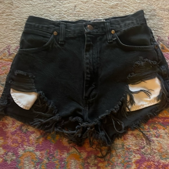 Furst of a kind denim black distressed shorts waist is 13 inches. Listing as a25 - Picture 1 of 5